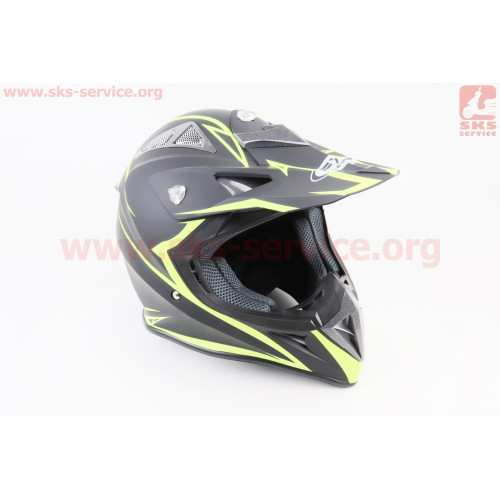 Шлем кроссовый/эндуро/АТV HF-116 XXL 63-64см (наш замер 59-60см L), ЧЁРНЫЙ матовый с зелёным рисунком Q178Y