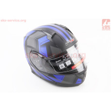 Шлем модуляр, закрытый с откидным подбородком+откидные очки BLD-162 S (55-56см), ЧЁРНЫЙ матовый с сине-серым рисунком